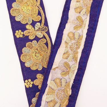 Navy Blue Art Silk Trim In Gold Floral Embroidery, Gold Embroidered Flowers Border, Floral Trim